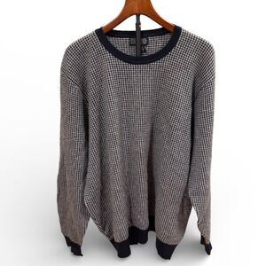 Vtg 90s Lands End Mens Cashmere Sweater Houndstooth Navy 2 Ply Crewneck XL